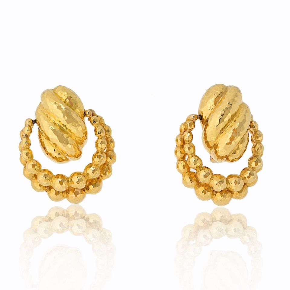 David Webb 18K Yellow Gold Hammered Textured Door Knockers Earrings
