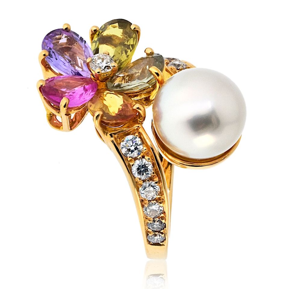 Bvlgari 18K Yellow Gold Contraire Pearl And Diamond, Multisapphire Ring