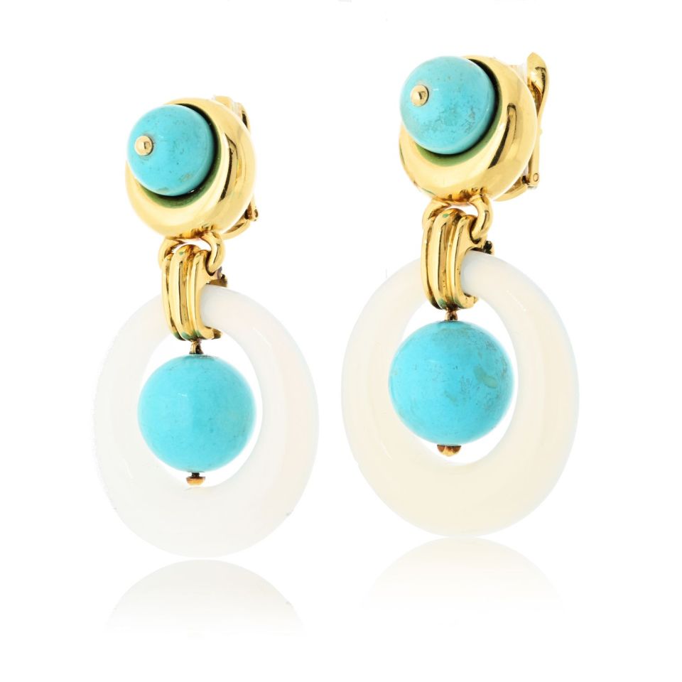 David Webb 18K Yellow Gold Jade And Turquoise Door Knocker Earrings