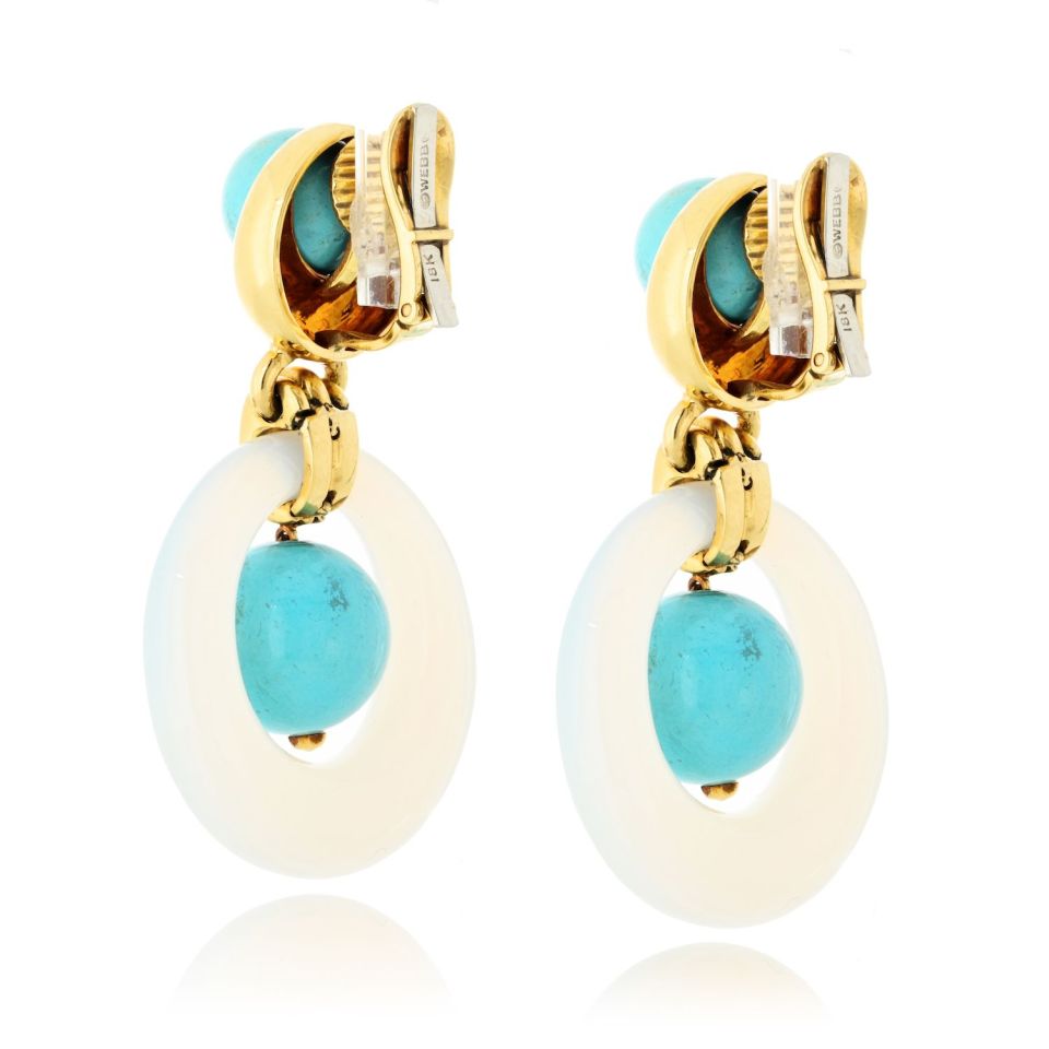 David Webb 18K Yellow Gold Jade And Turquoise Door Knocker Earrings