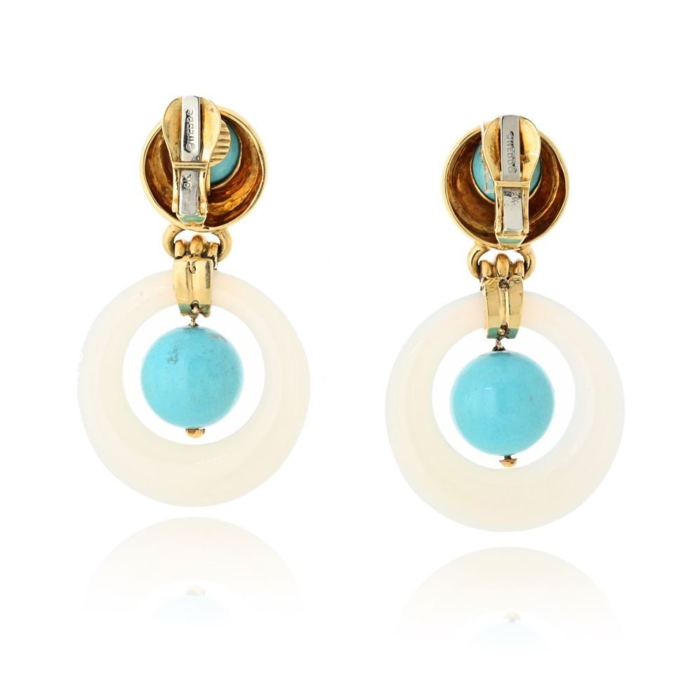 David Webb 18K Yellow Gold Jade And Turquoise Door Knocker Earrings
