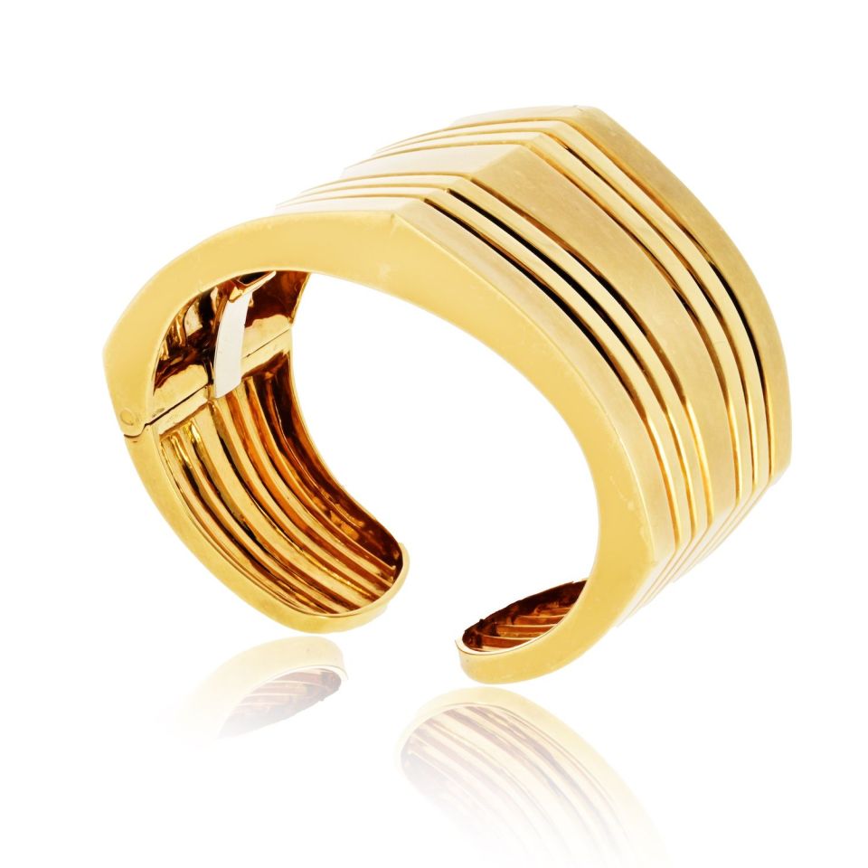 18K Yellow Gold Geometric Hinged Cuff Bangle Bracelet