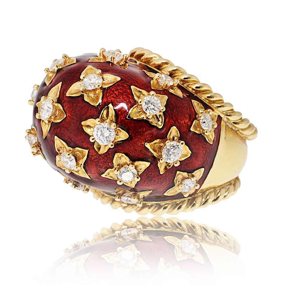 David Webb Platinum & 18K Yellow Gold Red Enamel Diamond Dome Ring