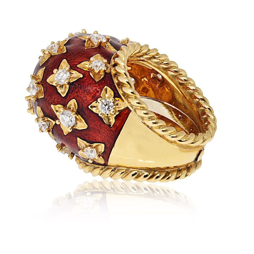 David Webb Platinum & 18K Yellow Gold Red Enamel Diamond Dome Ring