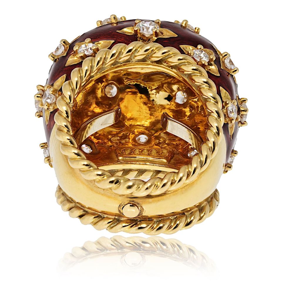David Webb Platinum & 18K Yellow Gold Red Enamel Diamond Dome Ring