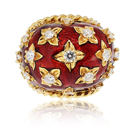 David Webb Platinum & 18K Yellow Gold Red Enamel Diamond Dome Ring