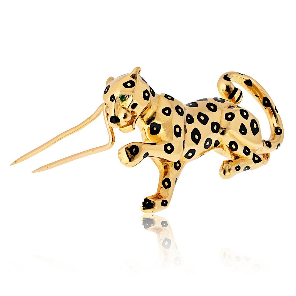 Cartier 18K Yellow Gold Panthere Black Enamel Spotted Brooch