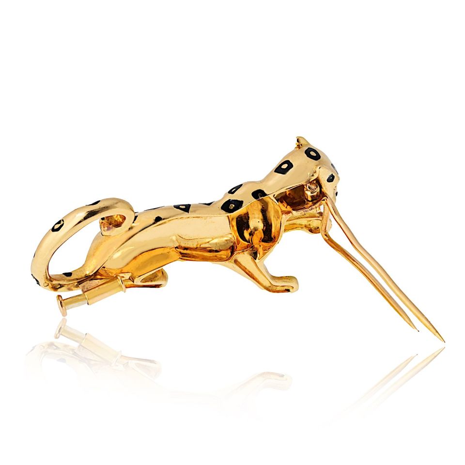 Cartier 18K Yellow Gold Panthere Black Enamel Spotted Brooch