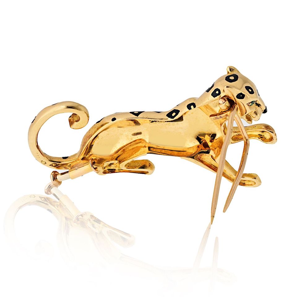 Cartier 18K Yellow Gold Panthere Black Enamel Spotted Brooch