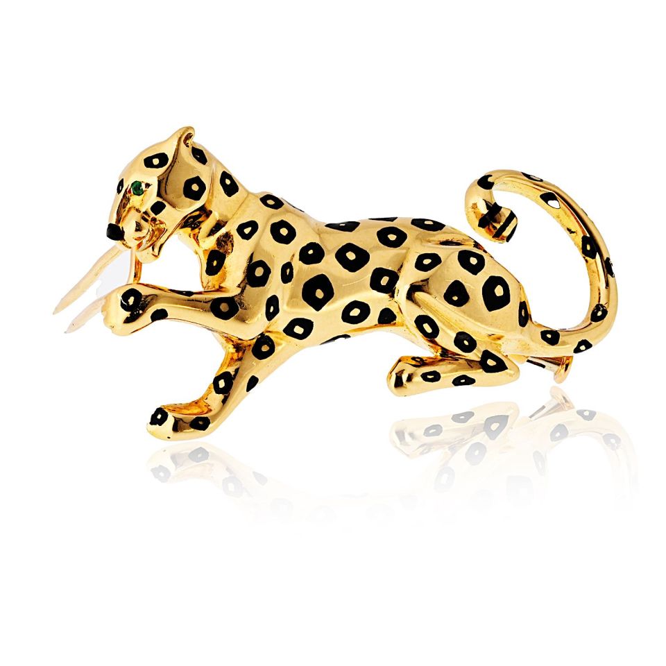 Cartier 18K Yellow Gold Panthere Black Enamel Spotted Brooch
