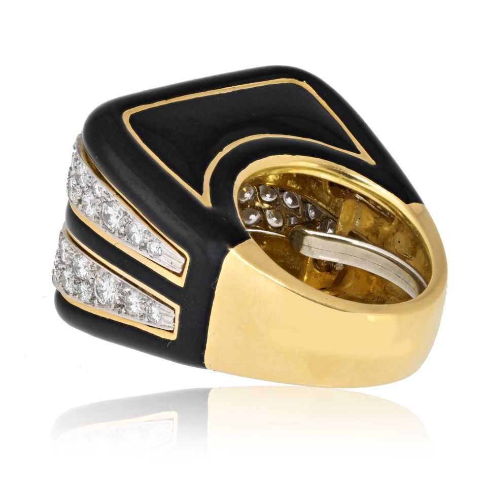 David Webb Platinum & 18K Yellow Gold Black Enamel And Diamond Cocktail Ring