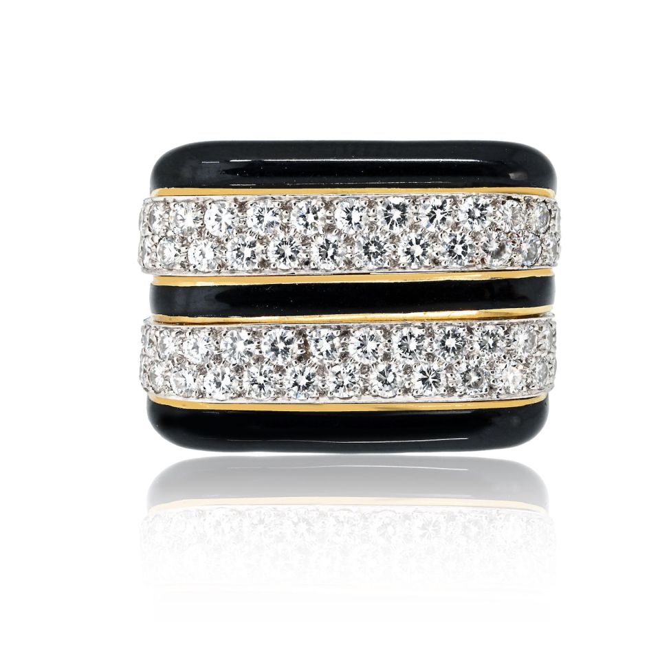 David Webb Platinum & 18K Yellow Gold Black Enamel And Diamond Cocktail Ring