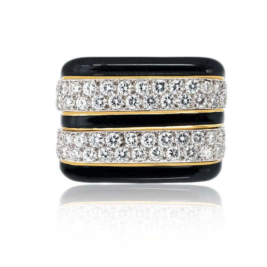 David Webb Platinum & 18K Yellow Gold Black Enamel And Diamond Cocktail Ring