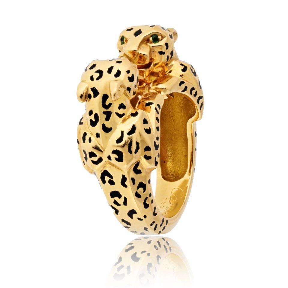 Cartier 18K Yellow Gold Double Panthere Spotted Head Ring