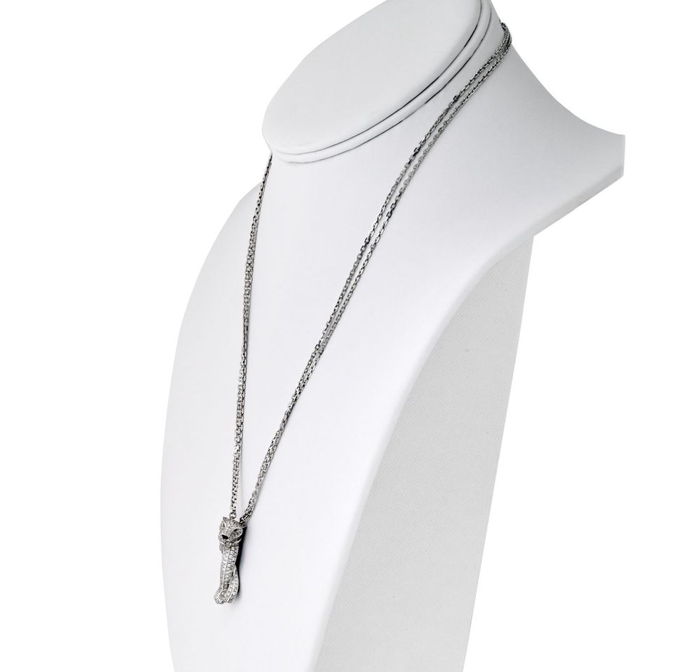Cartier 18K White Gold Pave Panthere on a Triple Chain Pendant Necklace