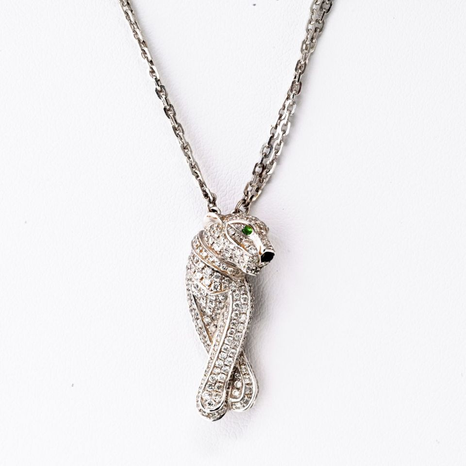 Cartier 18K White Gold Pave Panthere on a Triple Chain Pendant Necklace