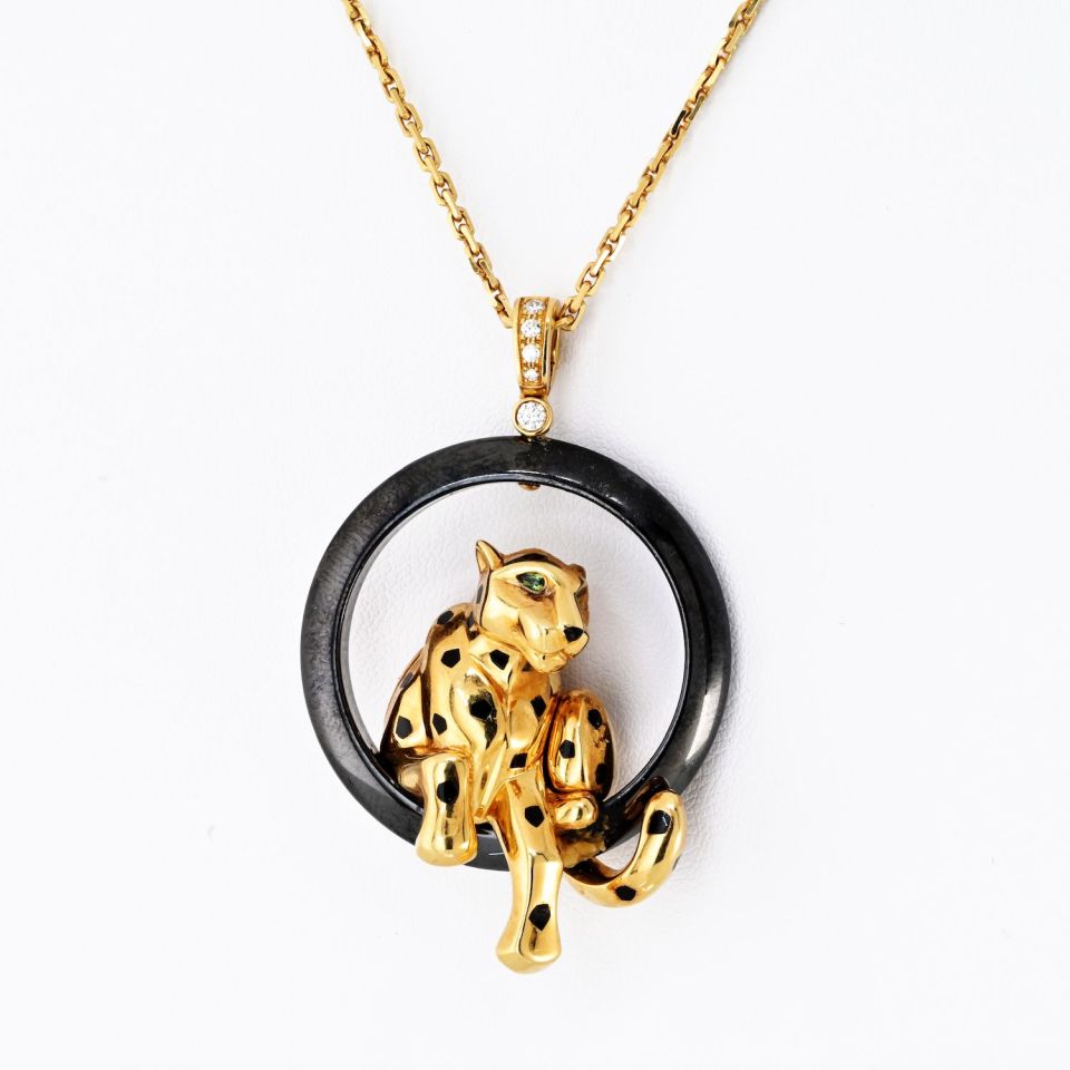 Cartier 18K Yellow Gold Panthere Black Ceramic Necklace