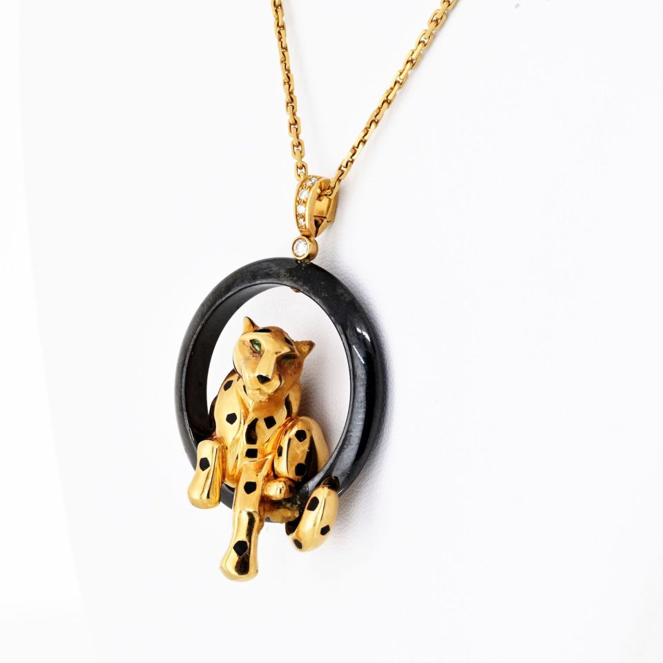 Cartier 18K Yellow Gold Panthere Black Ceramic Necklace