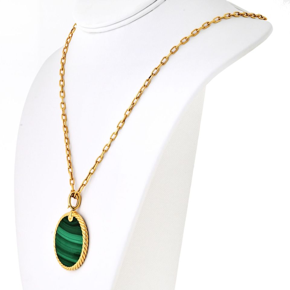 David Yurman 18K Yellow Gold Malachite Round Disc Pendant On A Chain Necklace