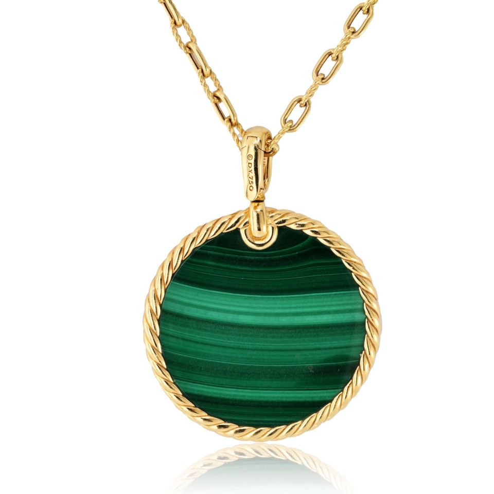 David Yurman 18K Yellow Gold Malachite Round Disc Pendant On A Chain Necklace
