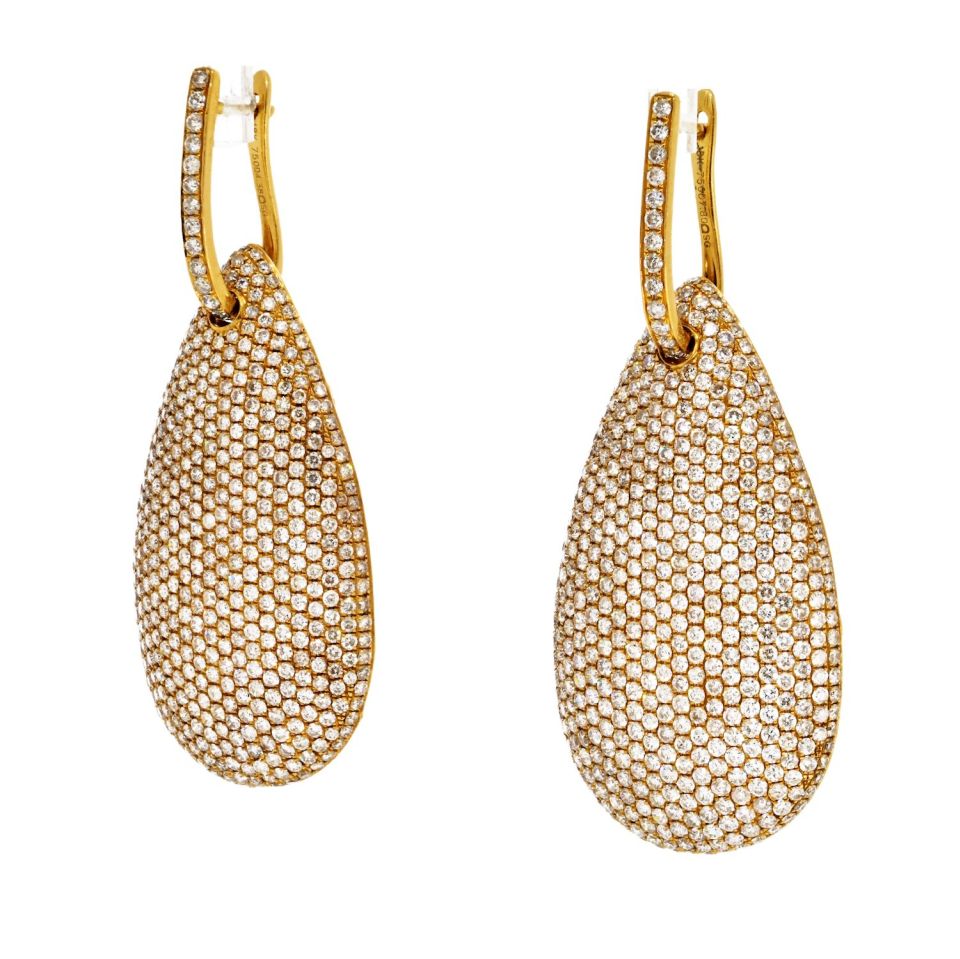 18K Yellow Gold Pave Diamond Drop Dangling Earrings