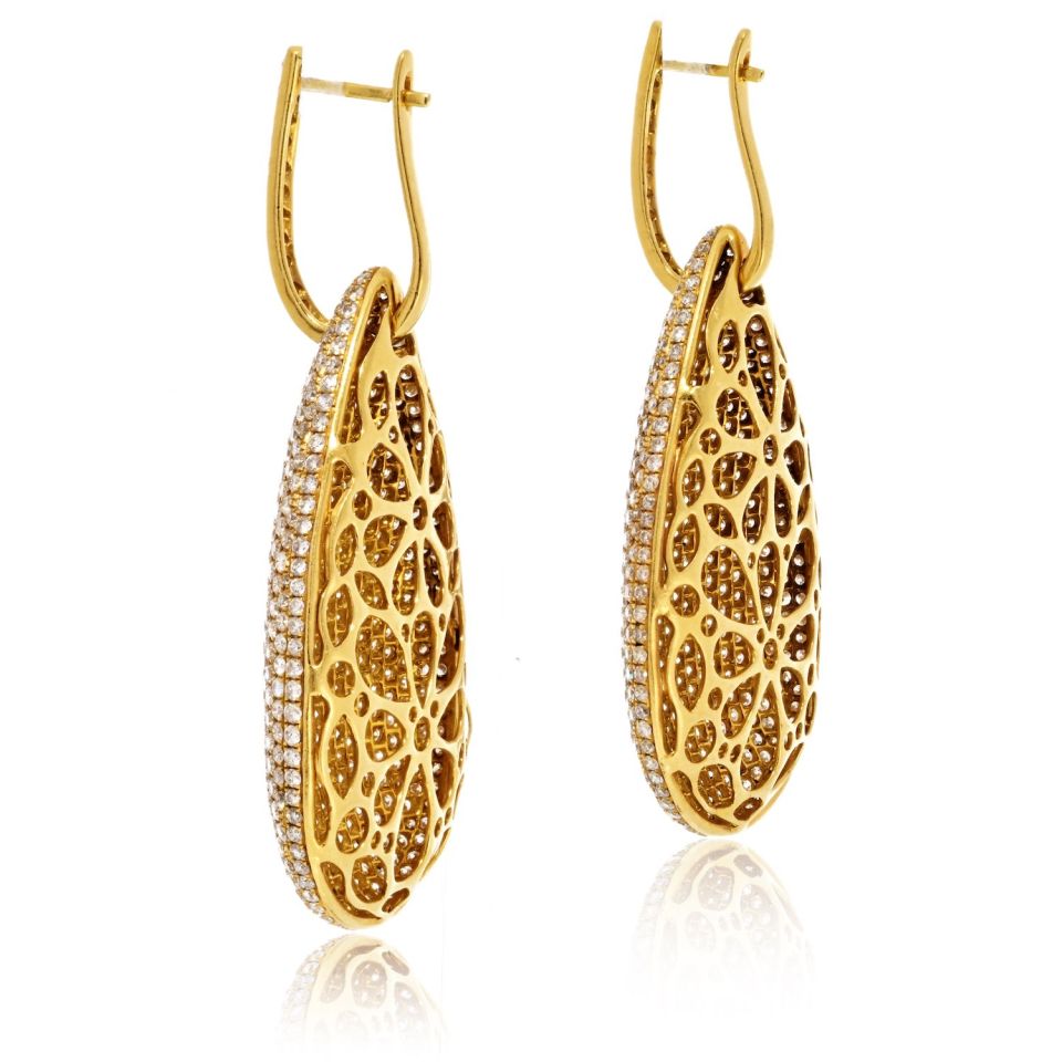 18K Yellow Gold Pave Diamond Drop Dangling Earrings