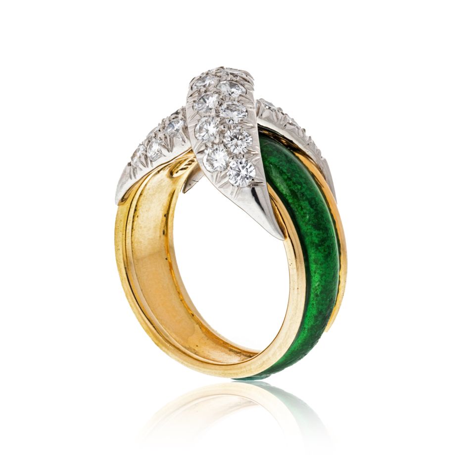 Tiffany & Co. Schlumberger Platinum & 18K Yellow Gold "X" With Green Enamel Diamond Ring