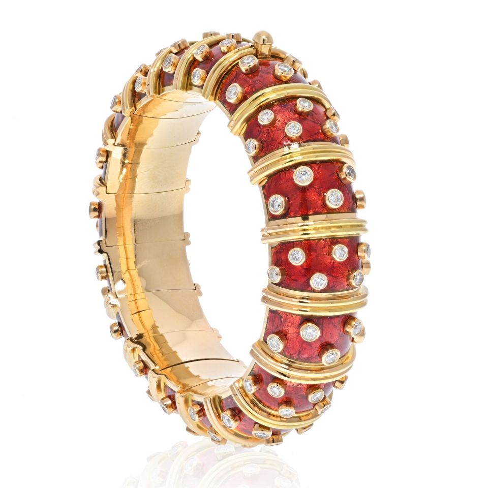 Tiffany & Co. Schlumberger Platinum & 18K Yellow Gold Red Enamel Diamond Bracelet