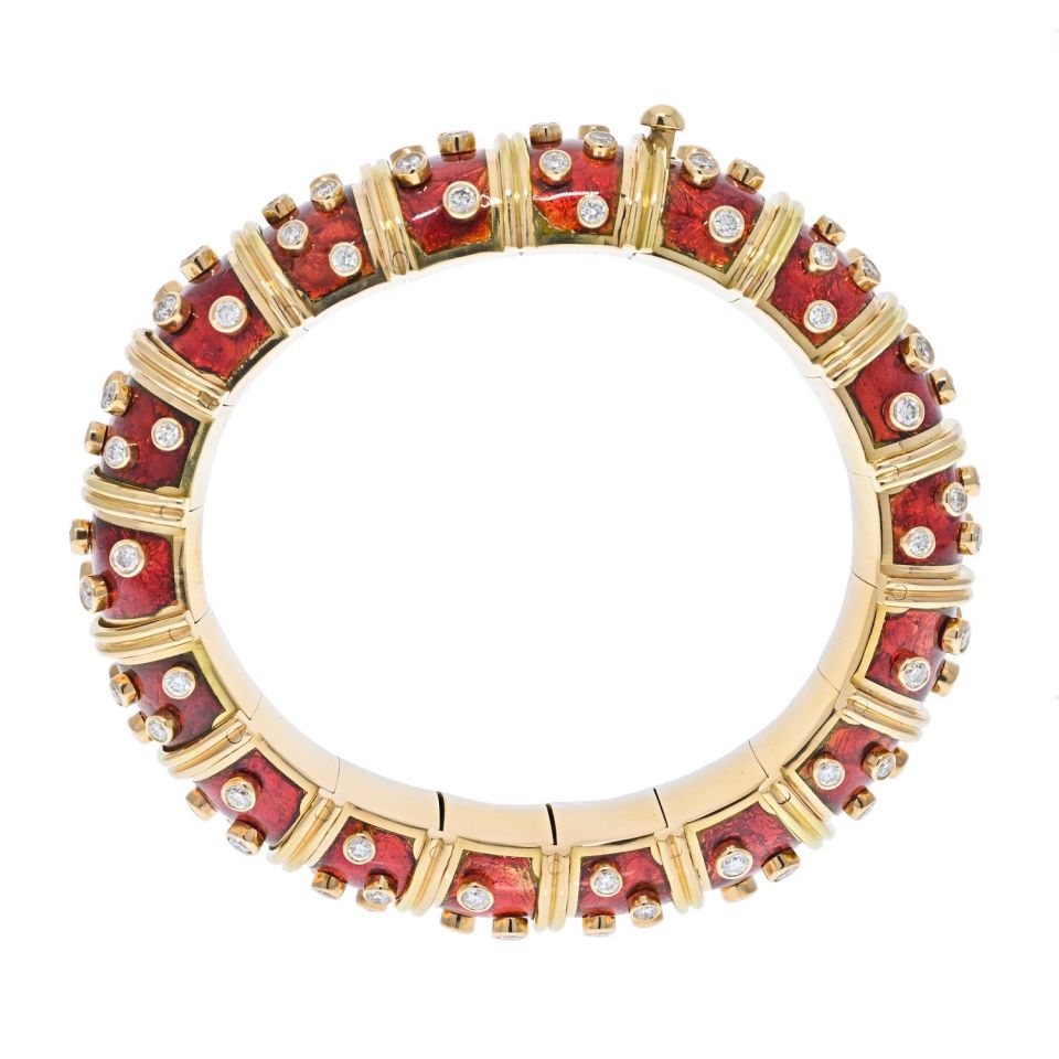 Tiffany & Co. Schlumberger Platinum & 18K Yellow Gold Red Enamel Diamond Bracelet